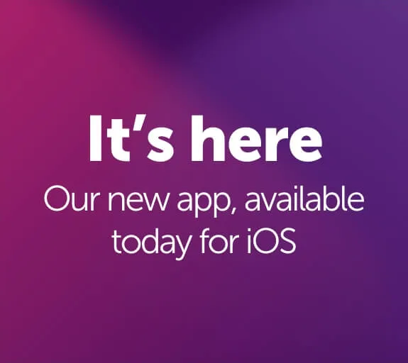 Phone displaying the Atom bank app home page with the words 'It's here, Our new app available today for IOS, coming soon to Google Play'