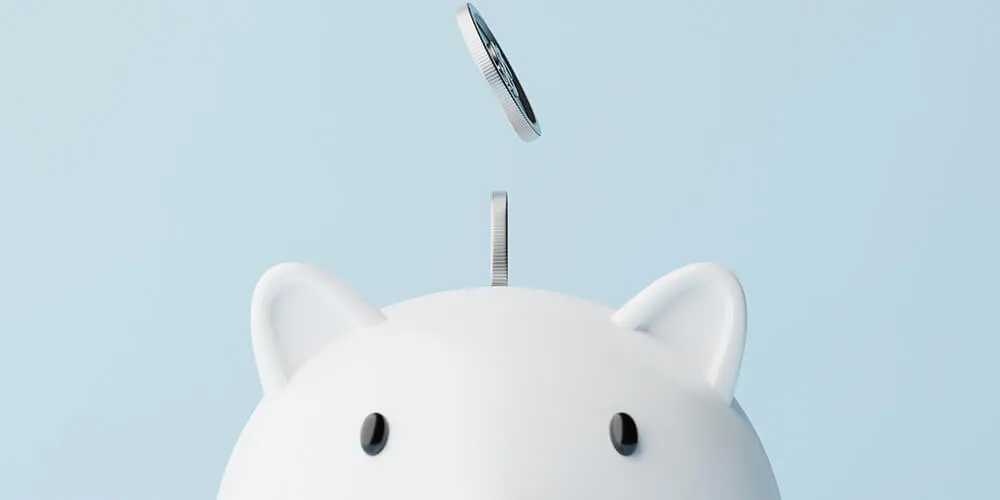 Coins fall into piggy bank