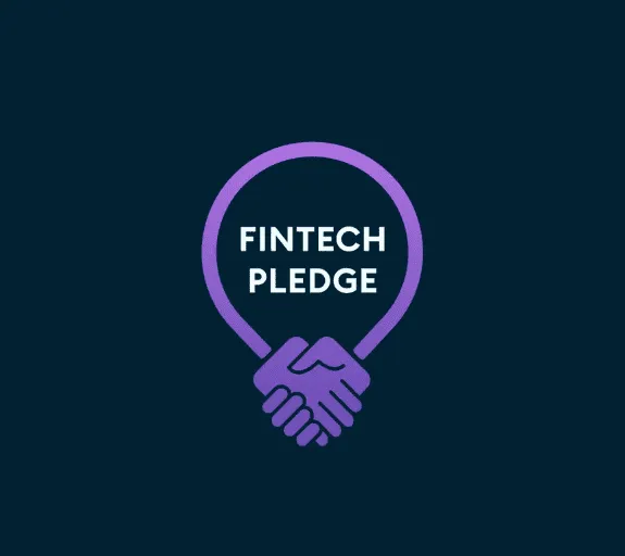 The Fintech Plegde logo in purple on a white background featuring a ring with two cartoon hands shaking at the bottom