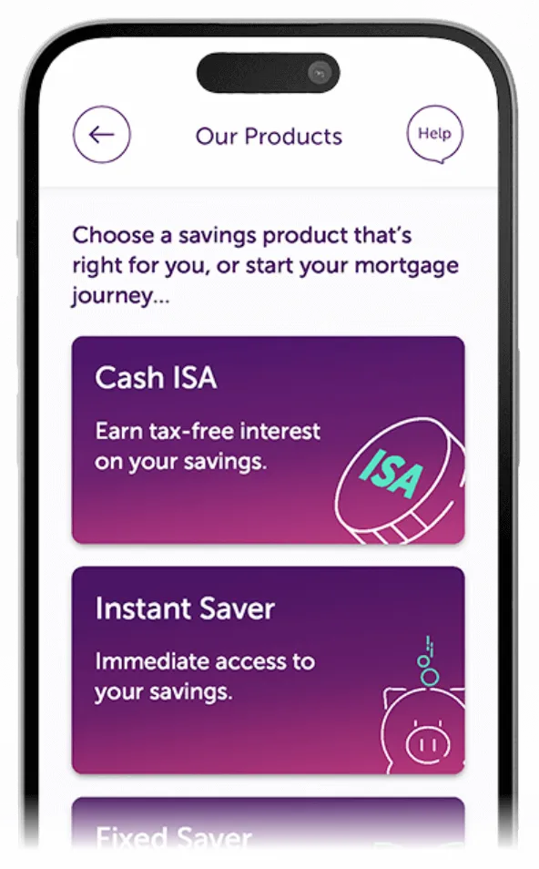 Atom Bank app showing a page with all Atom products to choose from