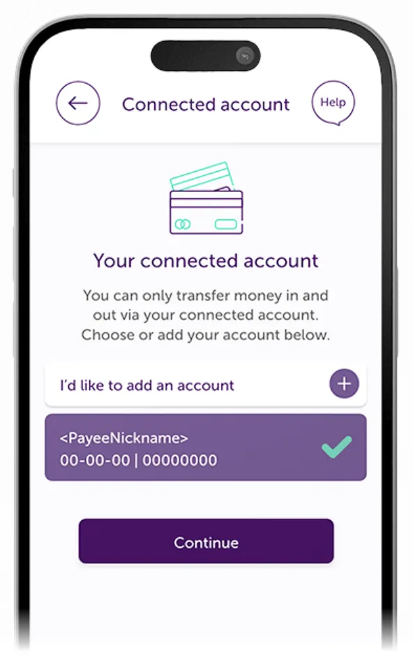 Atom Bank app showing the page for the user to add their connected account