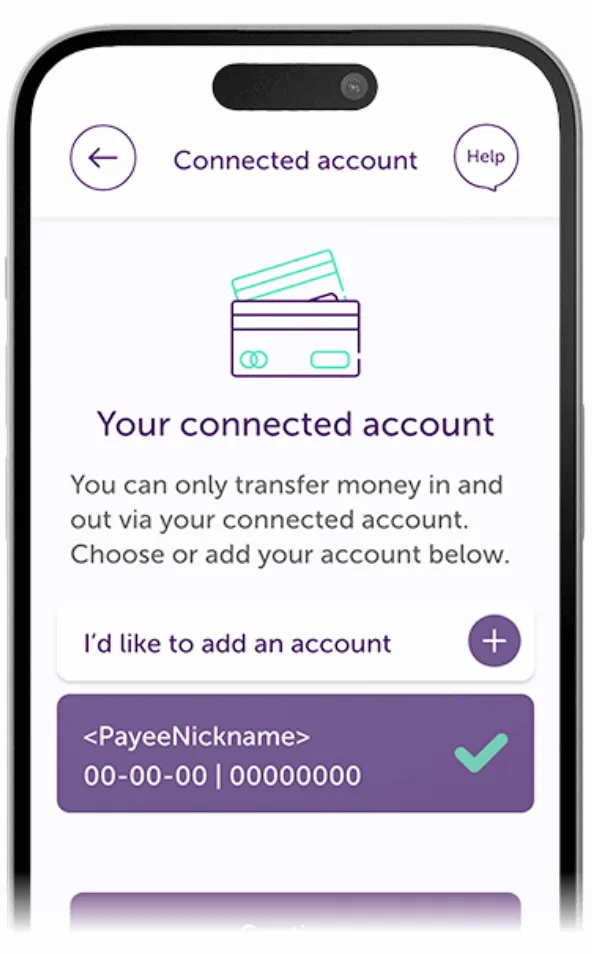 Atom Bank app showing the page for the user to add their connected account