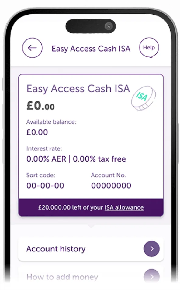 Atom Bank app showing the user's Easy Access Cash ISA account dashboard