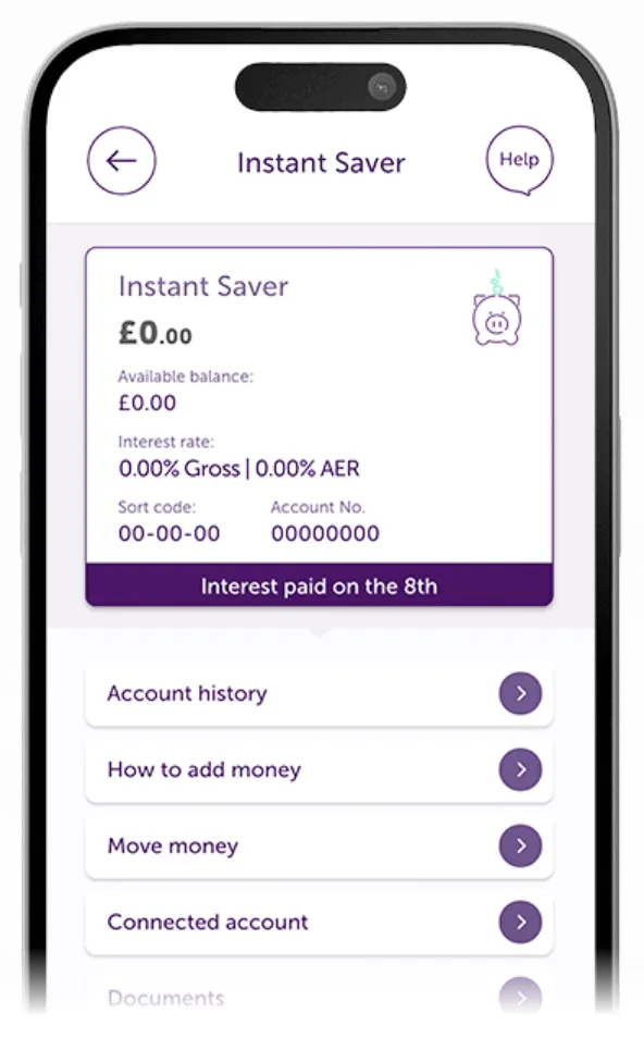 Atom Bank app showing the user's Instant Saver account page