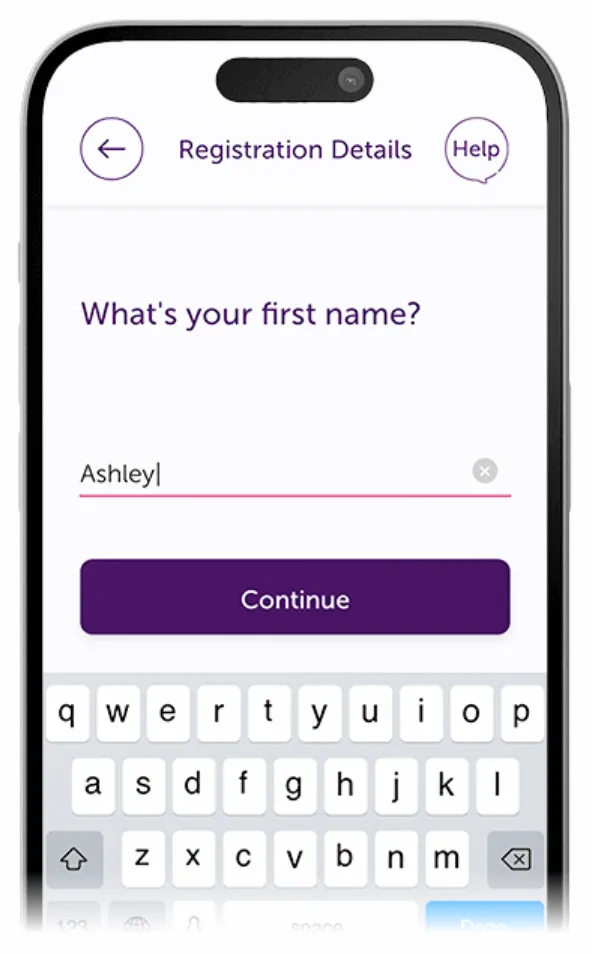 Atom Bank app showing the registration details page with a user inputing their name