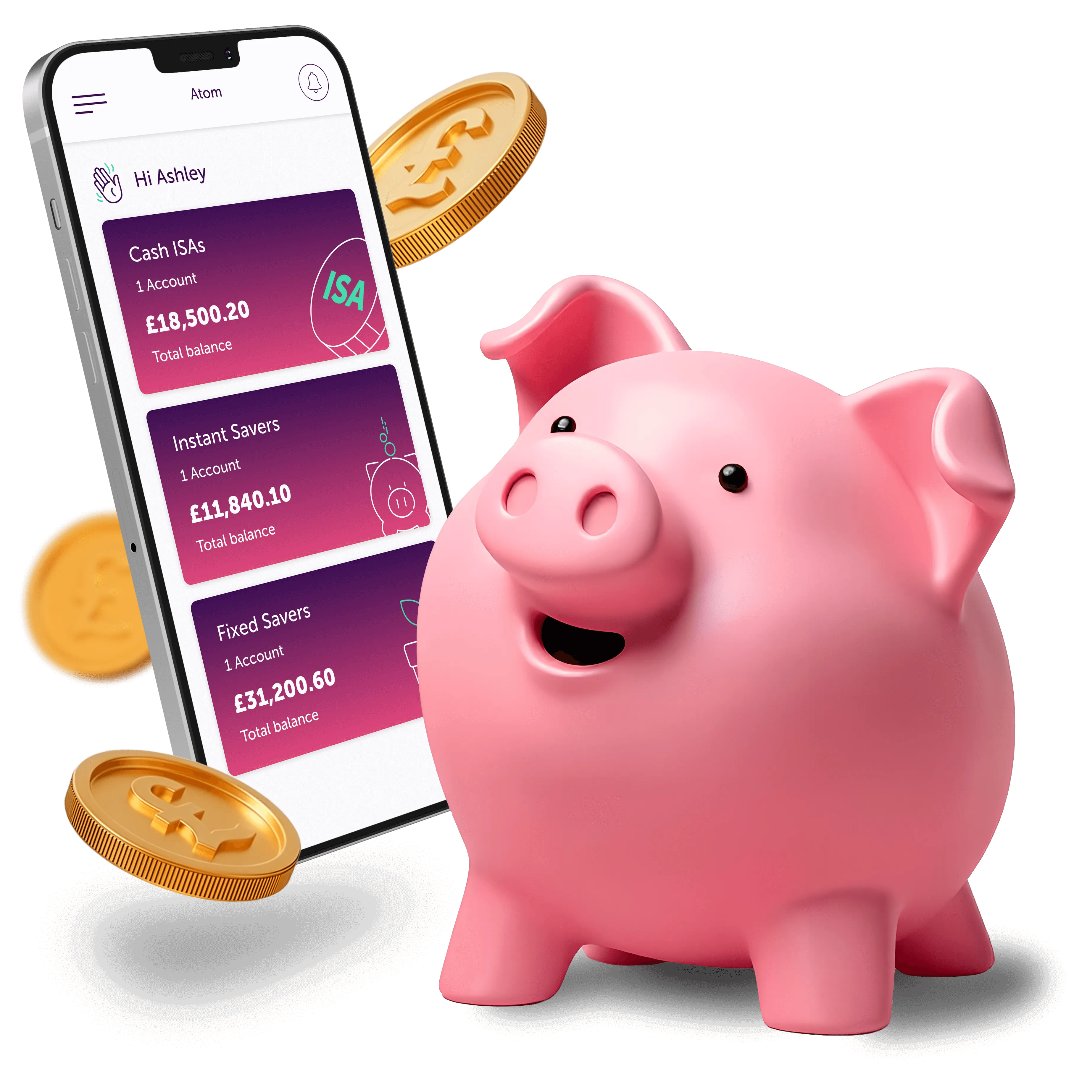 Pig with floating coins and a smartphone showing the Atom app products page including the easy access cash ISA