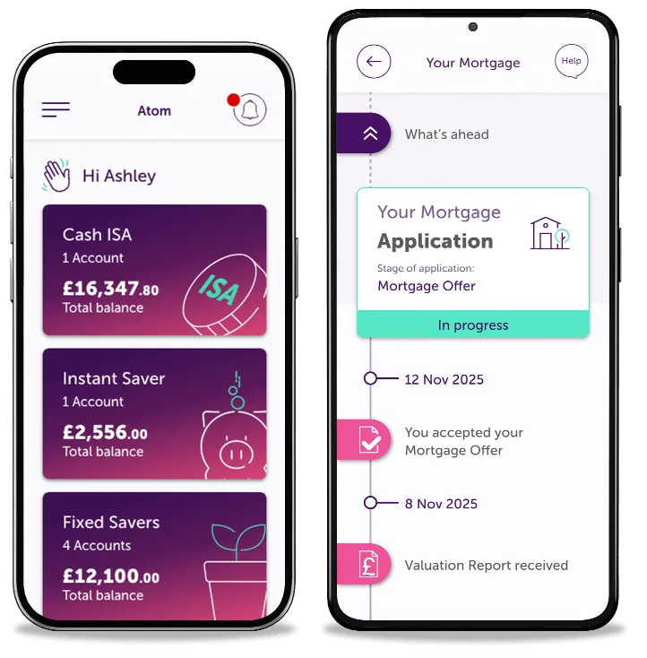 Two iPhones side by side, showing 'Our Products' app page and 'Your Mortgage' app page
