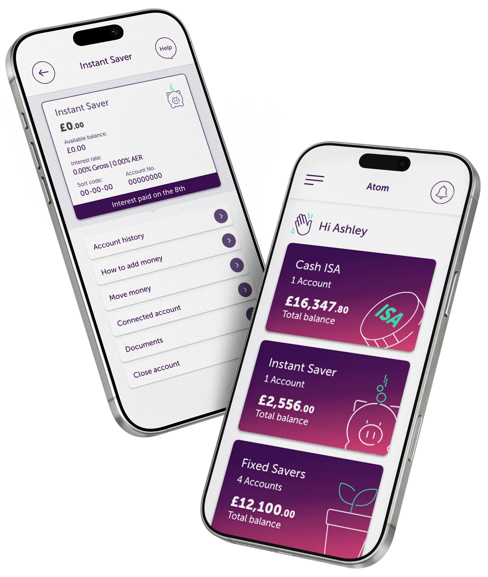 Two phones showing instant savings account and products page