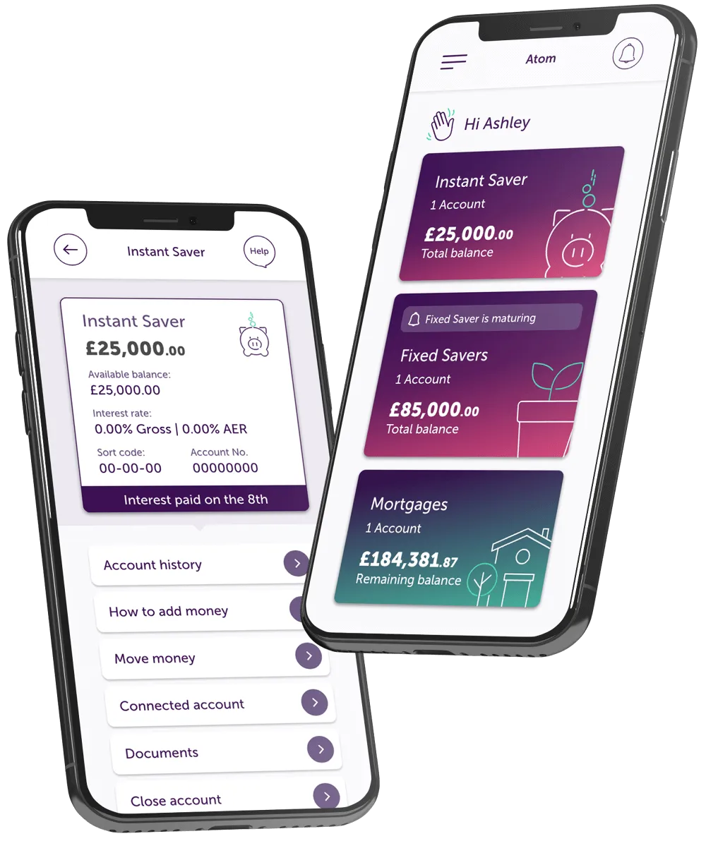 Two phones showing instant savings account and other accounts