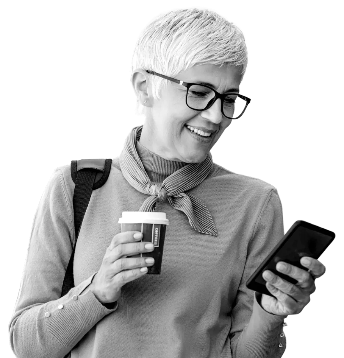 Woman happily checking her Atom Fixed Saver on her mobile phone whilst holding a coffee