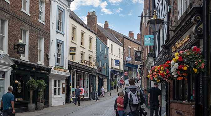 Durham high street on a summers day with people walking in and out of the shops