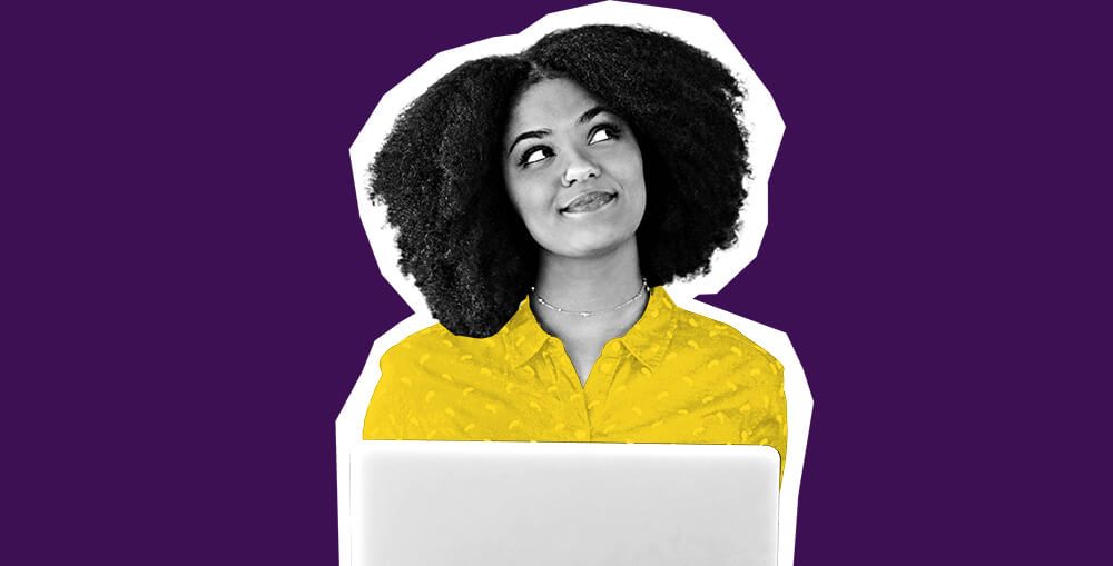 Purple image with a woman wearing a yellow shirt and looking upwards smiling. She is working on her computer