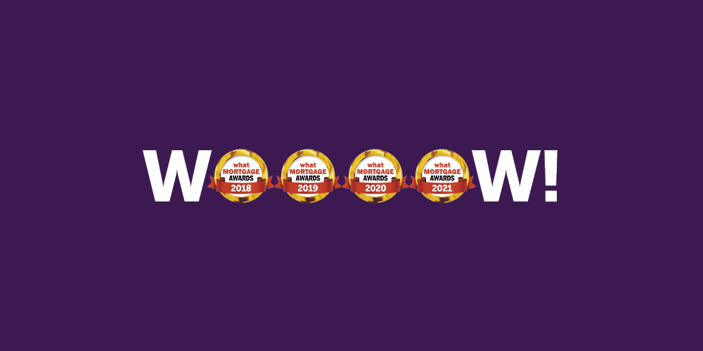 On a purple background, the word WOW is spelt with 4 Os. These O's are actually logos from the What Mortgage awards from 2018 to 2021 showing the awards Atom bank has won