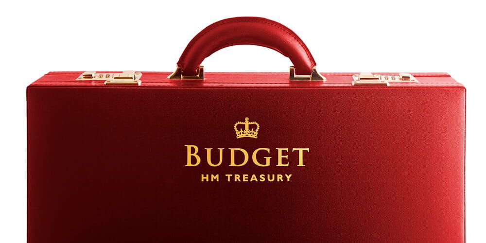 A red, leather Budget briefcase from HM Treasury