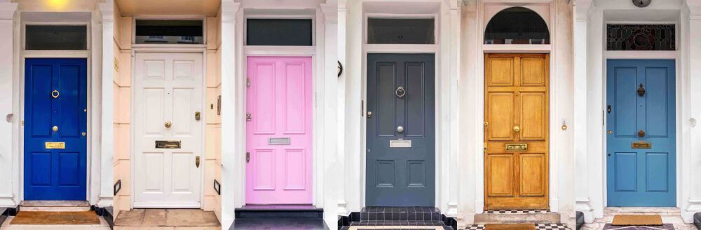 A montage of six different coloured front doors stuck together in a row
