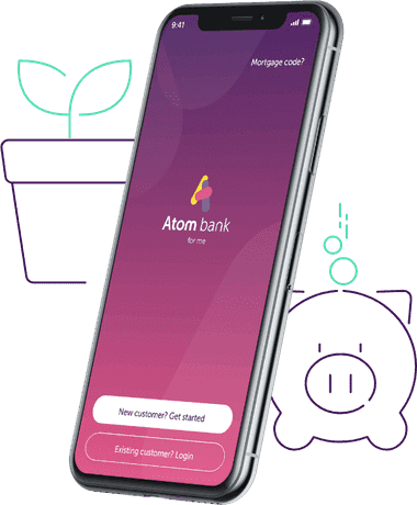 Phone displaying the Atom bank app home page with an icon of a small plant and a piggy bank in the background