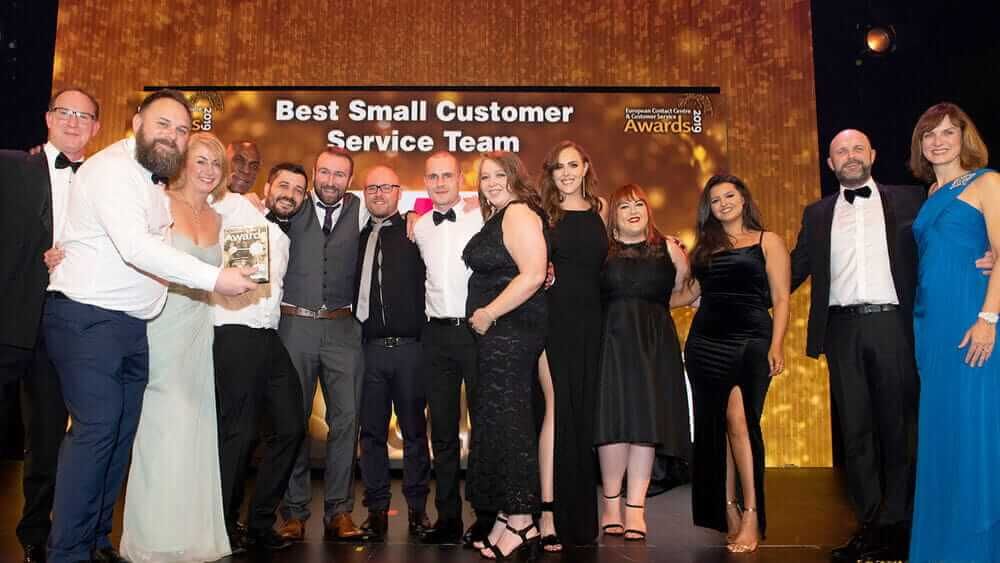The Atom bank Contact Centre team at the European Contact Centre and Customer service Awards 2019 winning the Best small Customer Service Team award