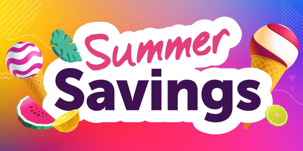 A bright logo containing fruit and ice cream placed around the words Summer Savings and outlined in white