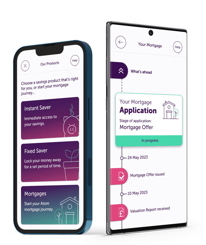 iPhone showing 'Our Products' app page, alongside Android phone showing 'Your Mortgage' app page
