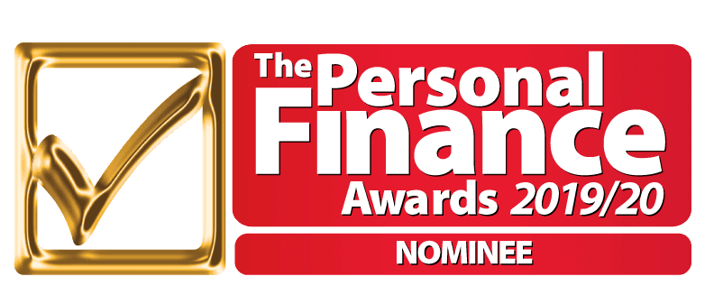 The Personal Finance Award 2019/20 Nominee logo. Written in Red with white text and golden tick next to it