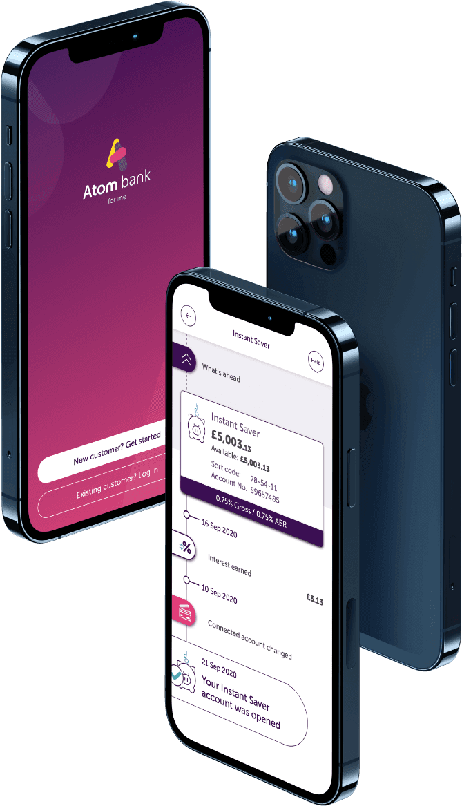 Three mobile phones displaying different screens from the Atom bank app
