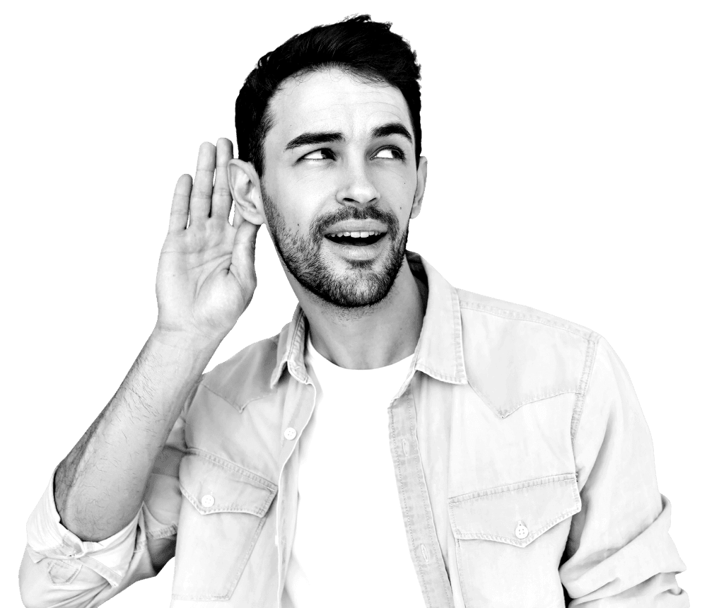 man cupping his ear to listen