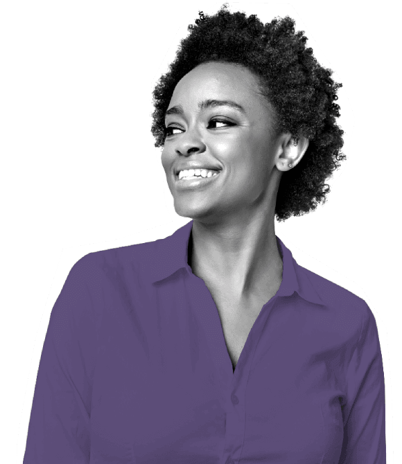 Young female investor, wearing a purple shirt, smiling at the latest Atom bank annual report