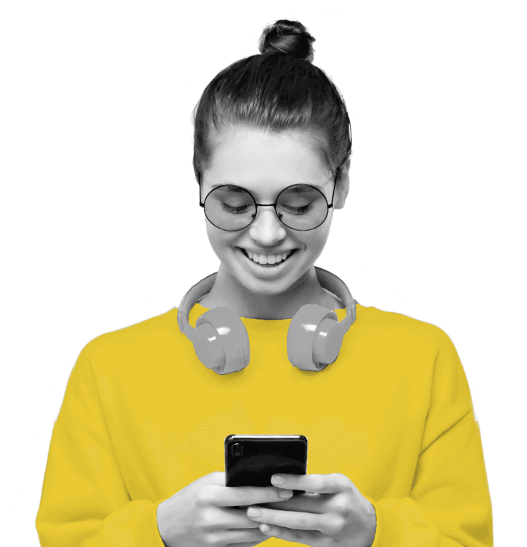 Young woman looking at Atom bank reviews on her phone