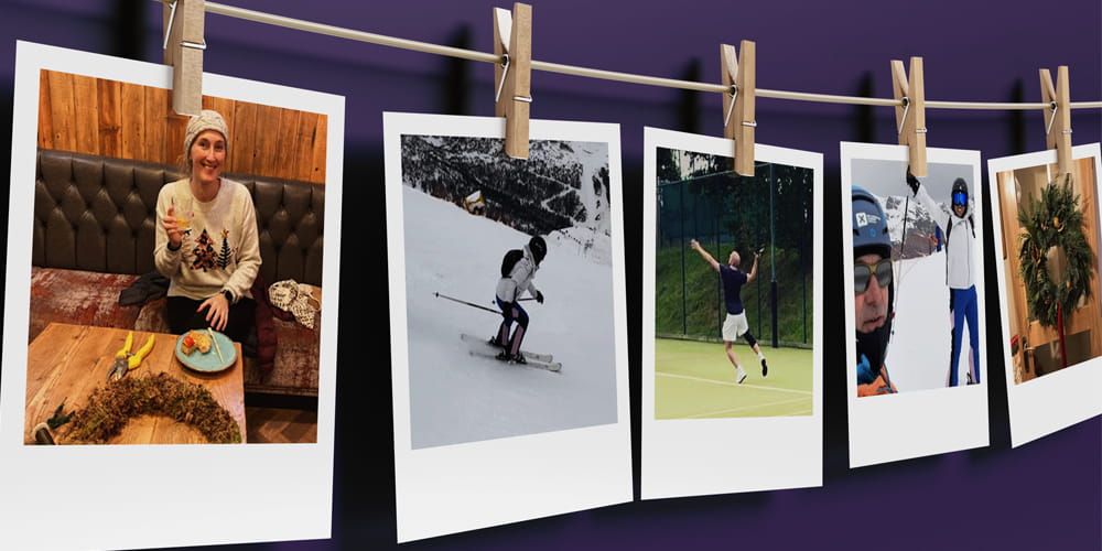 A string line with pegs attached holding photographs of people playing tennis, skiing and making arts and crafts