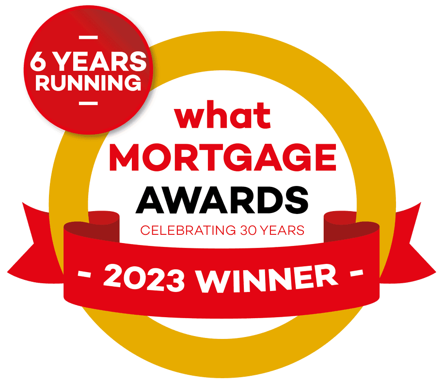 badge showing Atom's win of What Mortgage Awards' Best Online Lender 2023 for the 6th consecutive year